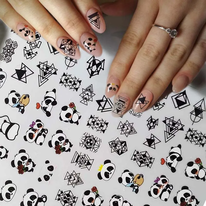 Водоотталкивающие наклейки для ногтей Наклейка 3D милая панда пара геометрических узоров дизайн передачи украшения для ногтей слайдер маникюрные наклейки