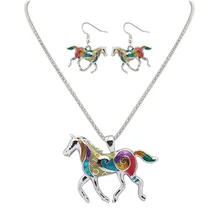 Fashion Trend Beautiful Horse High Quality Gold/Silver Plated Multicolor Horse Necklace Earring Set Animal Jewelry