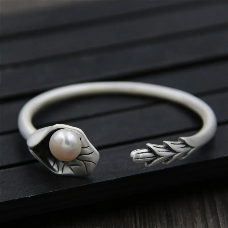 

C&R Real 999 Sterling Silver bangles for women bracelet Lotus leaf with pearl opening bracelets&bangles Fine Jewelry Adjustable