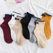 Милые носки с воланами женские хлопковые Лоскутные однотонные носки до середины голени, дышащие удобные модные женские носки