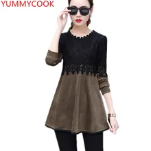 Весна-осень плюс бархат джемпер женский большие размеры средней длины разделе кружева футболка с длинным рукавом Для женщин одежда A527