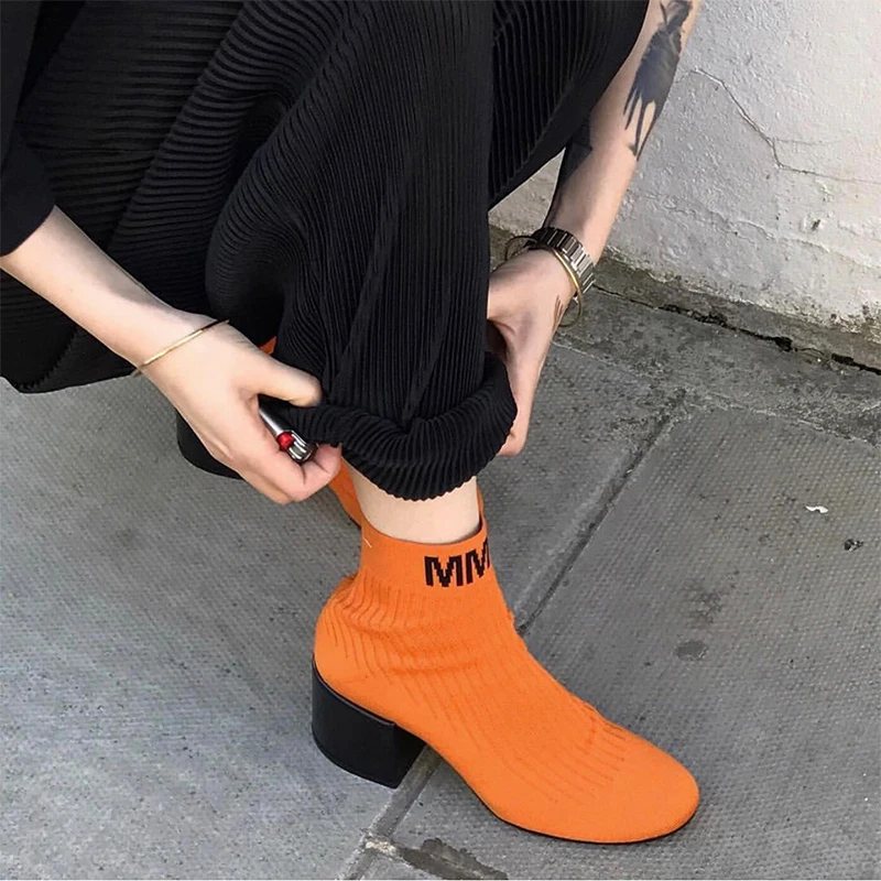 

Ins Hot Bright Color Socks Boots Woman Square High Heel Round Toe Ankle Boots Spring/Autumn Stretch Fabric Boots Zapatos Mujer