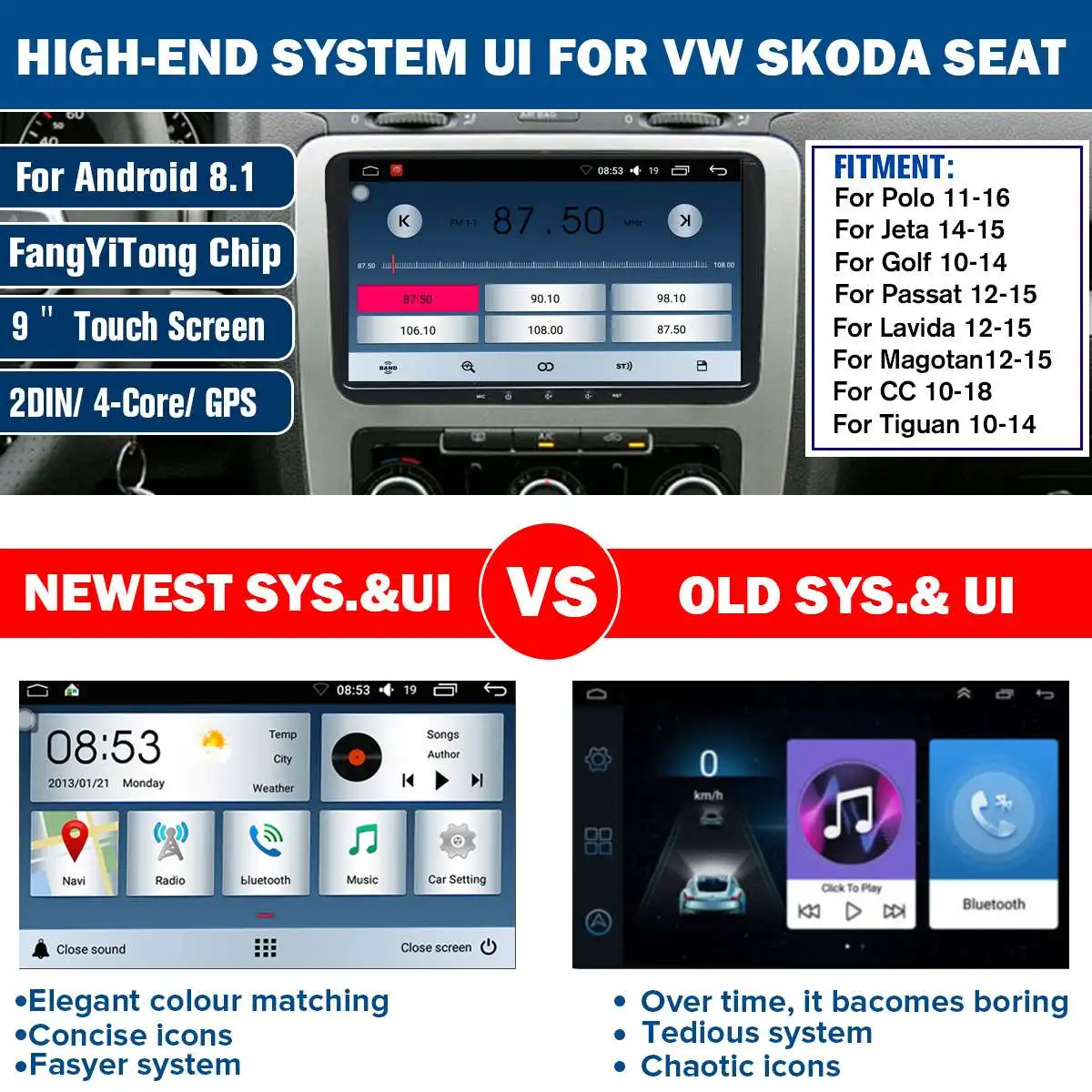 Excellent 4Core 9"GPS Navigation Car Multimedia Player Android 8.1 Auto Radio For Skoda Seat for VW Wifi 4G FM Stereo High-end UI System 3 Excellent 4Core 9"GPS Navigation Car Multimedia Player Android 8.1 Auto Radio For Skoda Seat for VW Wifi 4G FM Stereo High-end UI System 3