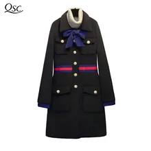

2018 Spring Coat Women Bow Slim Pocket Wool Winter Jacket Women Slim Woolen Long Cashmere Coats Cardigan Jackets Elegant Blend