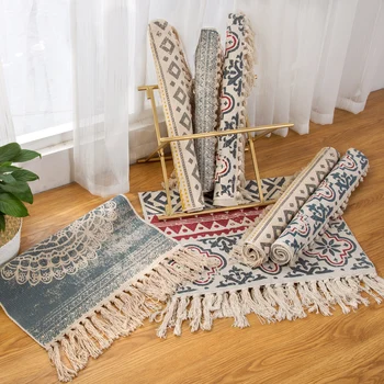 

bohemian living room bedroom cotton Hemp Mat Nordic retro national wind coffee table fringed bedside carpet hand-woven mats Home