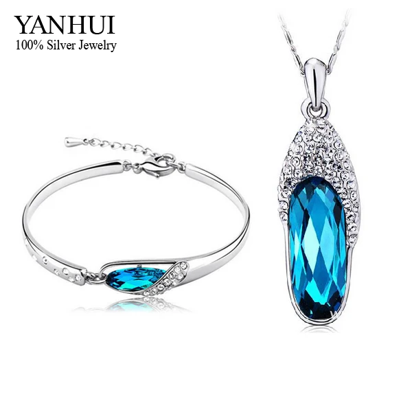 

YANHUI New Trendy 925 Silver Jewelry Wedding Sets For Women Romantic Blue Shoe Crystal Collar Pulsera Accessories Jewelry HS056