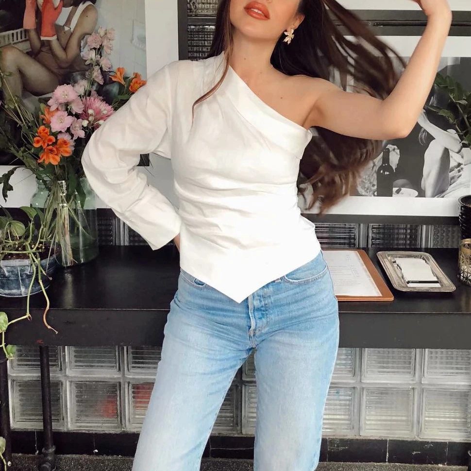  Women sexy one shoulder white blouse skew collar one sleeve irregular shirts female slim stylish to