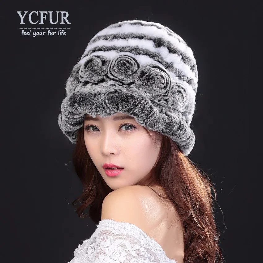 YC Fur, модные женские шапки, теплые зимние вязаные шапки из меха кролика Рекс, шапки с цветами, теплые мягкие береты из натурального меха для женщин