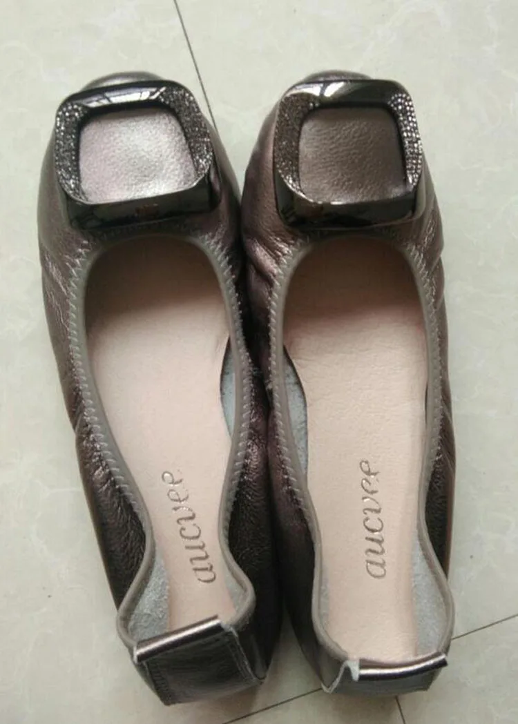 Ballet Flats Women Genuine Leather Loafers Round Toe Slip-on Flat Handmade Rhinestone Metal Decoration Balerinas Shoes for Woman (29)
