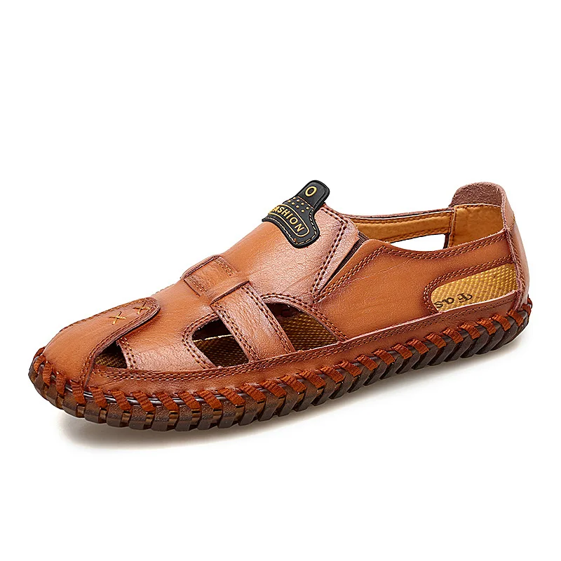 Новинка, мужские сандалии с вырезами, летняя повседневная обувь из натуральной кожи, фирменный дизайн, пляжные мужские сандалии, шлепанцы ручной работы - Цвет: red brown