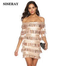 Sexy Off Shoulder Fringe Sequined Party Dress Bodycon Slim Fit Wrap Short Dress Robe Femme Layered Glitter Dress For Women Sexy Off Shoulder Fringe Sequined Party Dress Bodycon Slim Fit Wrap Short Dress Robe Femme Layered Glitter Dress For Women
