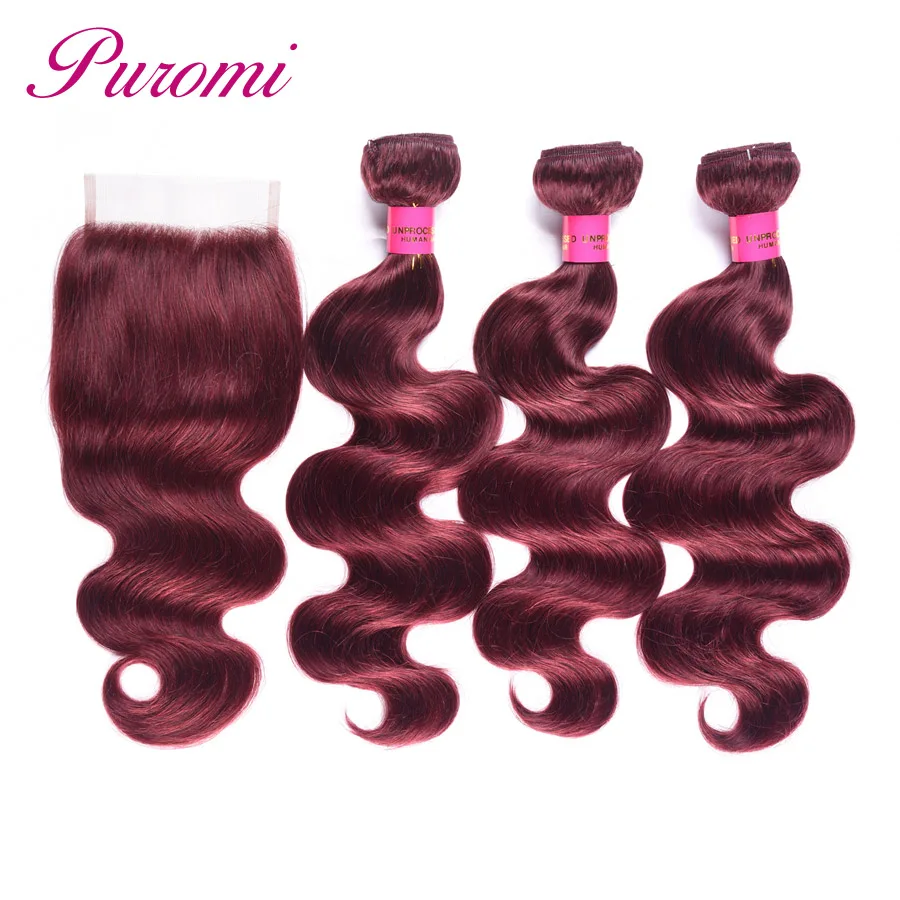 Puromi Hair Extension Colored 99J Brazilian Hair Weave Bundles with Closure 4x4 Free Part Body Wave Human Hair Bundles Non Remy