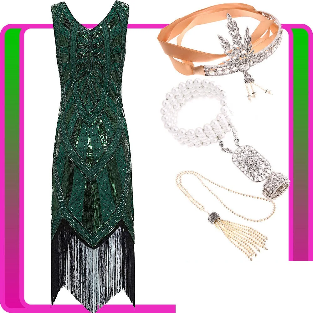 

Ladies 20s 1920s Roaring Flapper Costume Sequin Green Gatsby 20's Fancy Dress Charleston Deco Sequin Fringe Costume
