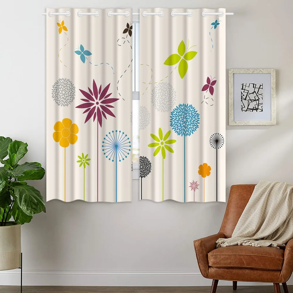 

HommomH Curtains (2 Panel) Grommet Top Darkening Blackout Room Simple Style Flower Dandelion Butterfly