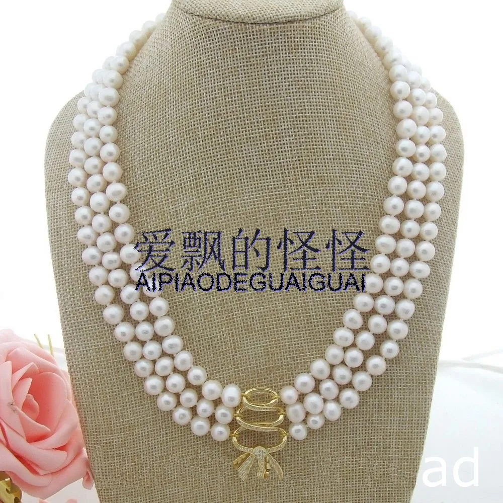 

8-9MM 3 Strands White Pearl CZ Connector Necklace