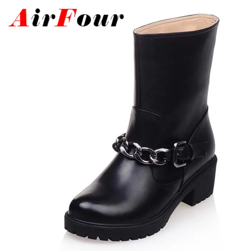 

Airfour Women Boots Shoes New Black Blue Brown Round Toe Square heel High Ankle Boots Big Size34-40 Platform Motorcycle Boots