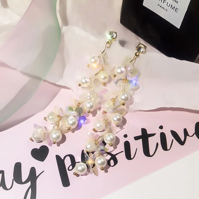 

2018 New Fashion Style Multicolored Sequins Pearl Tassel Earrings Personality Temperament Wild Long Pendant Pendientes For Women