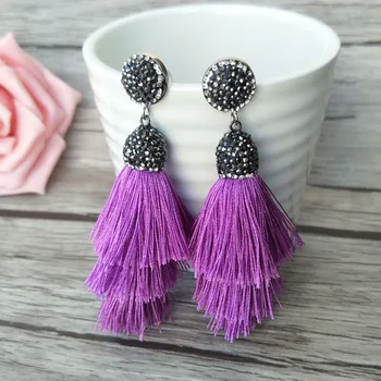 

1 Pair cotton Silk 3 layer Tassel dangle Earrings,Pave Rhinestone Tassel Jewelry,For Women Bohemia Earrings Xmas gift ER342