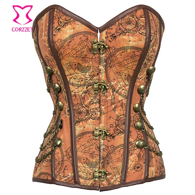 6xl brown print steel boned corset steampunk clothing women plus plus size steel boned corsets