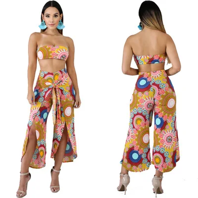 

2019 women new bohemian print sexy 2 piece set beach tracksuit strapless crto top high split tie up ankle pants suit overalls