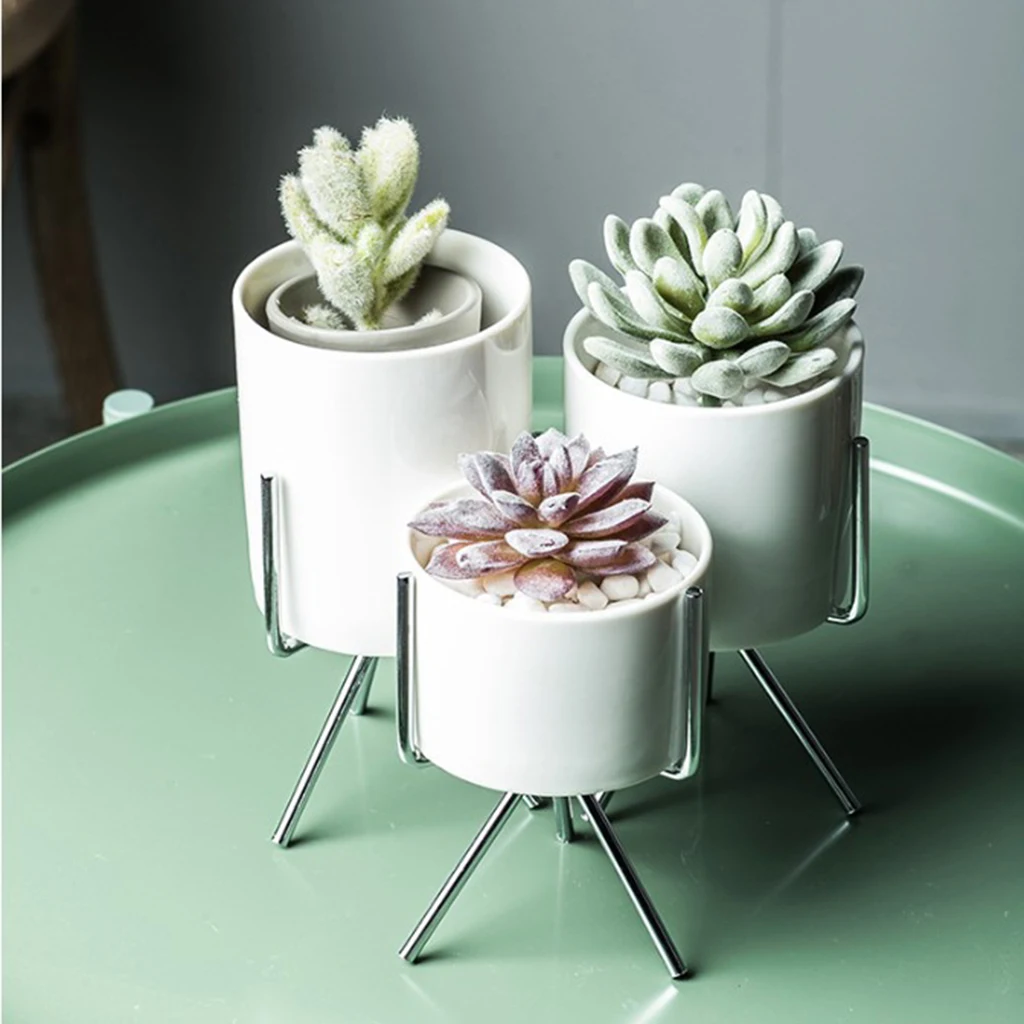 

Nordic Style Metal Plant Stand Rack with Ceramic Flower Pot for Succulent Planters, S-Silver 5.5cm Pot
