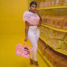  2019 Newest Sweet Pink One Shoulder Half Sleeves Tulle Top Custom Fashion Casual Skirts All Size 