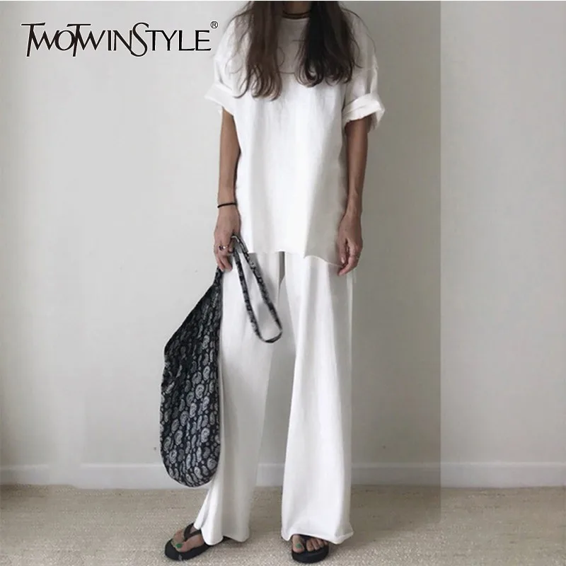 TWOTWINSTYLE Casual Women Two Piece Set Short Sleeve T-shirt Tops Elastic High Waist Wide Leg Pants Suits Korean 2020 Summer TWOTWINSTYLE Casual Women Two Piece Set Short Sleeve T-shirt Tops Elastic High Waist Wide Leg Pants Suits Korean 2020 Summer