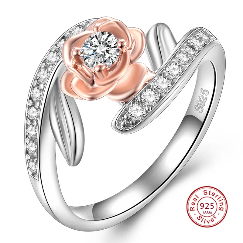 

925 Sterling Silve Rose Flower with Clear CZ Rings for women Exquisite Female Rhinestone Ring Fashion jewelry Mujer