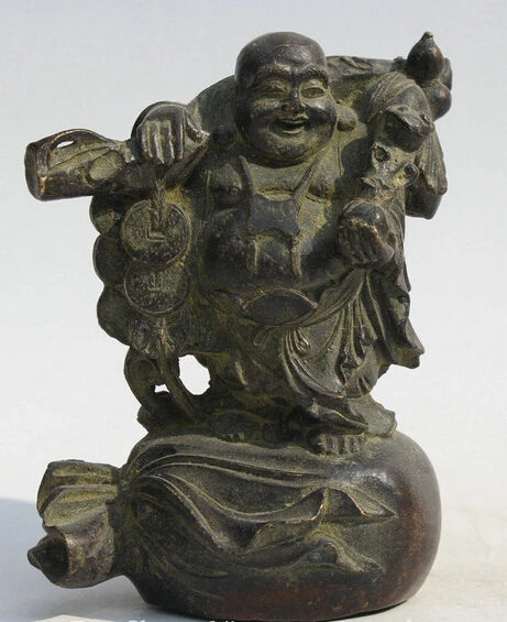 

854++4" Old Chinese Bronze Stand Happy Laugh Maitreya Buddha Money Bag Wealth Statue