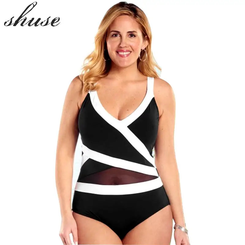

Plus Size Monokini Swimsuit One-Piece Women Patchwork Backless Bodysuit Large Size 6XL Swimwear Femme Beachwear Bating Suits New