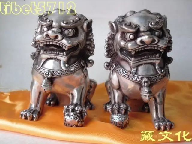 

Bronze coated silver foo dog lion statue pair 13 cm Garden Decoration 100% real Brass Bronze