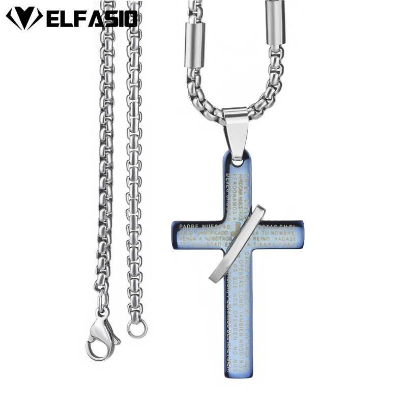 

Elfasio Mens Bible Scripture Cross Silver Blue Stainless Steel Pendant Necklace Chain Jewelry