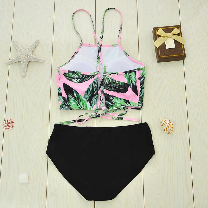 Kaufen Top Band 2018 Gedruckt Bikini Badeanzug Frauen Bademode High Neck Bikini Set Bademode Badeanzug Push Up Gepolsterte Bodys