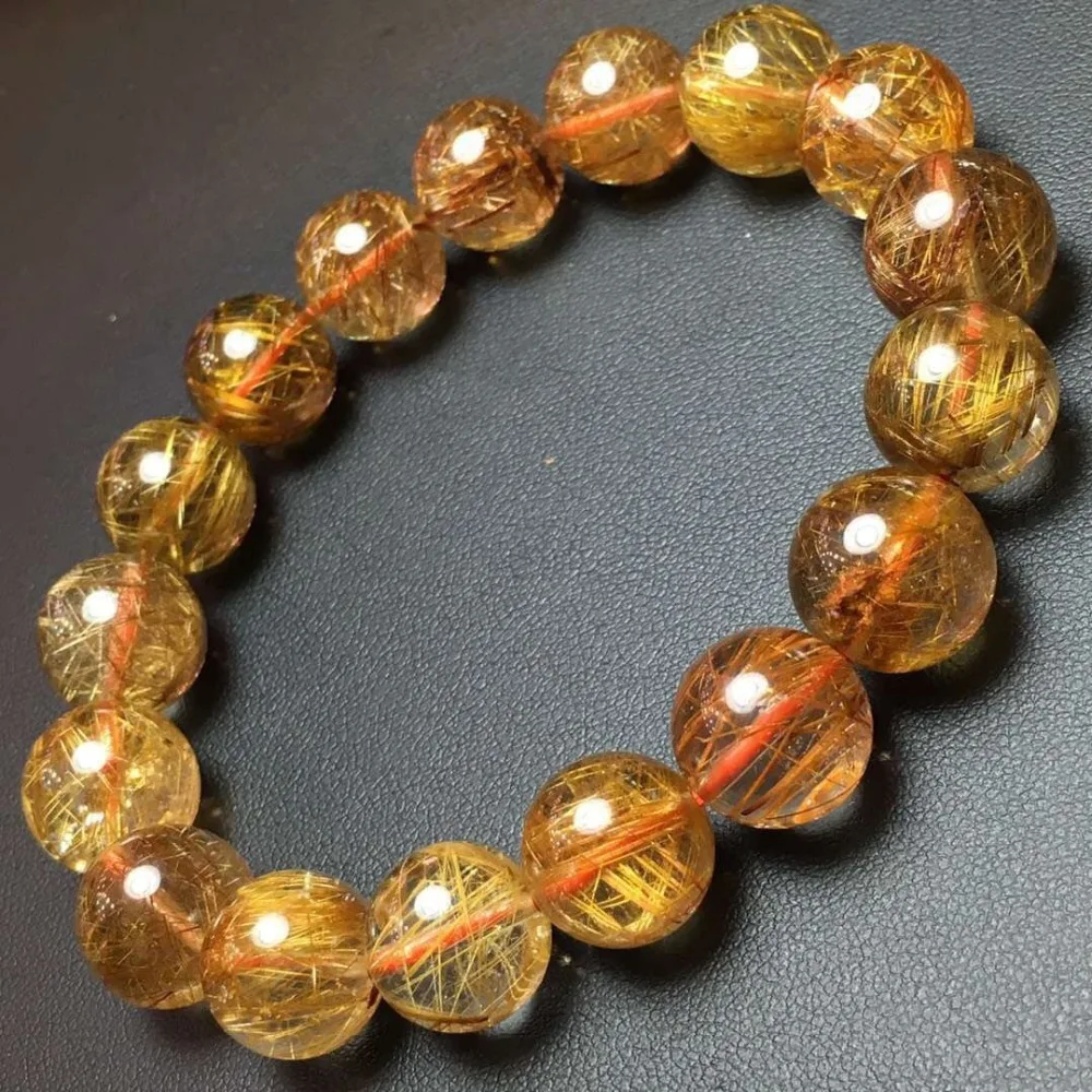 

12mm Genuine Natural Copper Rutilated Quartz Crystal Bracelet Gemstone For Woman Lady Gift Round Beads Bracelets AAAAA