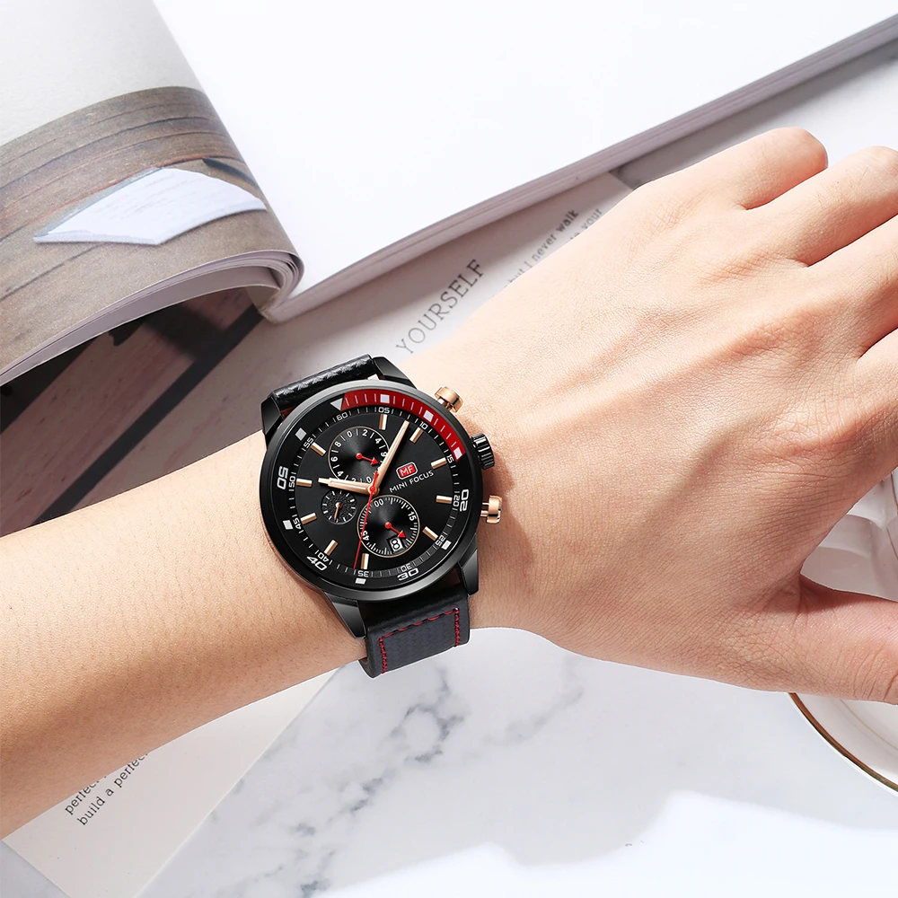 MINI FOCUS Luxury Sports Brand Men Chronograph Military Watches Men's Quartz Watch Leather Clock Male Watch Relogio Masculino