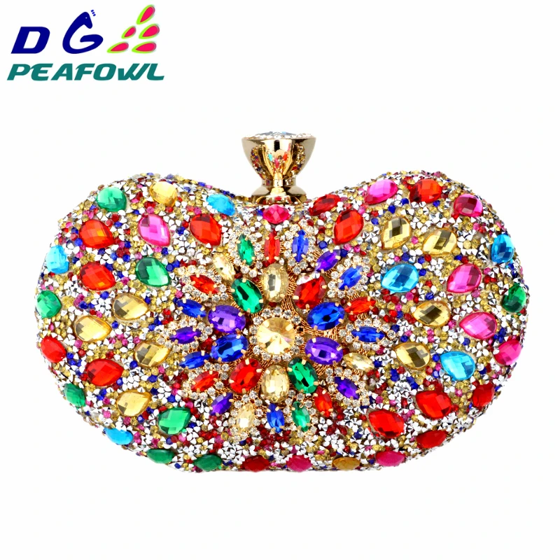 DG PEAFOWL Two Side Luxury crystal Floral Clutch chain bag evening woman diamond wedding Shoulder wallet purse Handbags 5 colors
