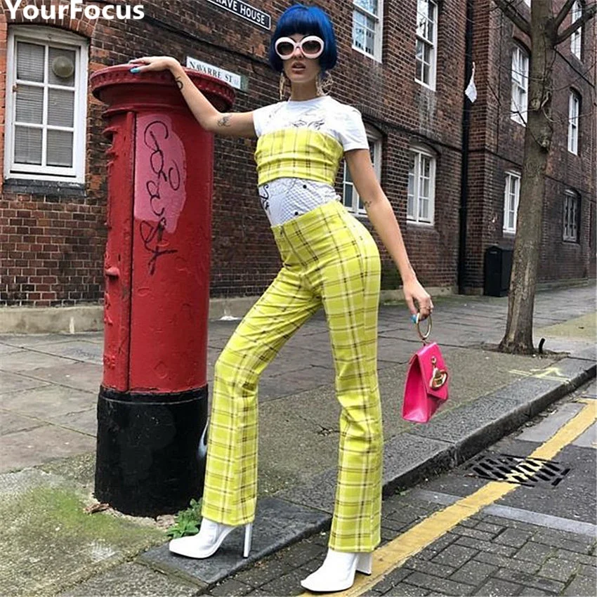 

Harajuku vintage ins hot fashion retro yellow plaid elastic crop top crop strapless long pants women sets YQ-646
