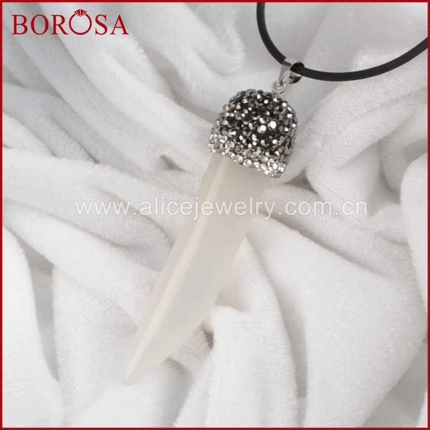 

BOROSA Elephant's Tusk Shape White Onyx Crystal Pandant Bead With Black Gun Zircon Pendant Bead for Jewelry DIY JAB094