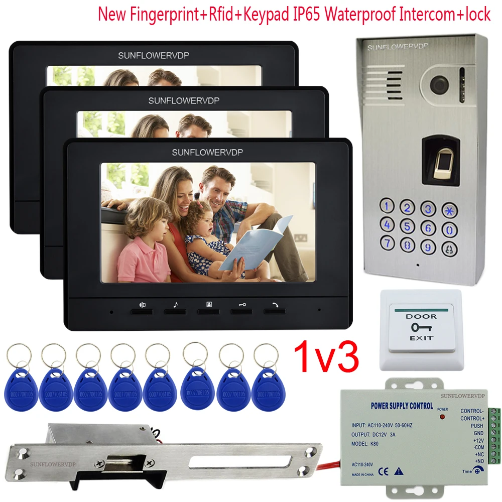 

IP65 Waterproof Video Intercom Fingerprint Rfid Keypad 3 Units 7' Color Monitor Video Goalkeeper +Electric Strike Door Lock 1v3
