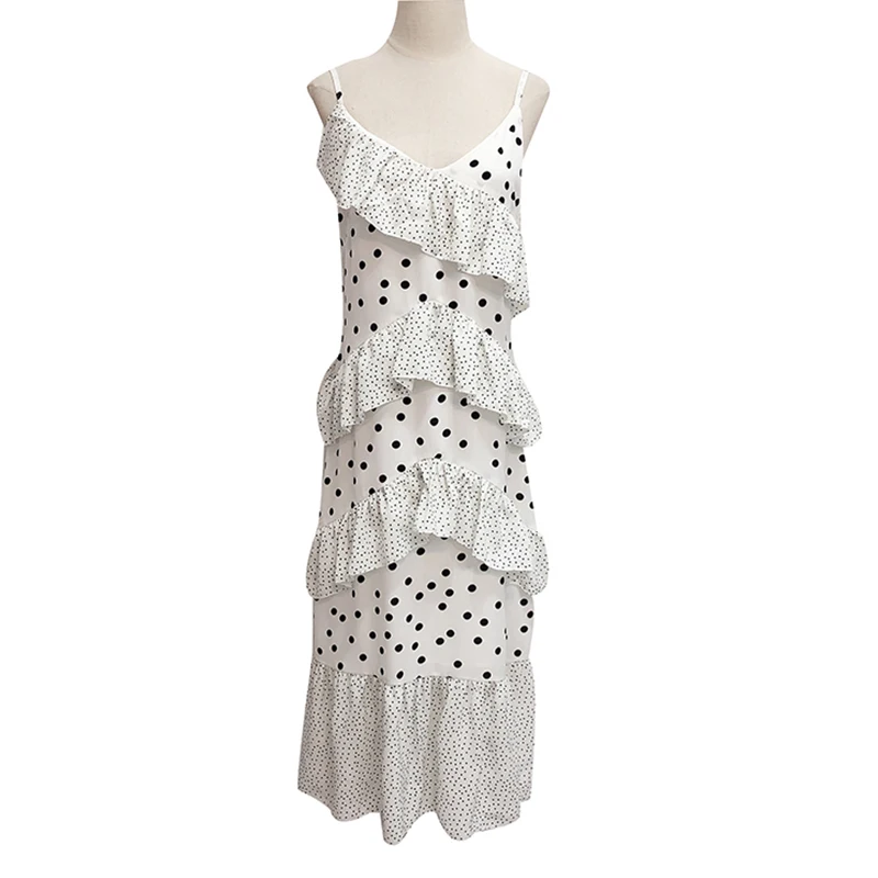 

PERHAPS U black white chiffon spaghetti strap v neck midi dress summer holiday beach polka dot cascading ruffle dress D1185