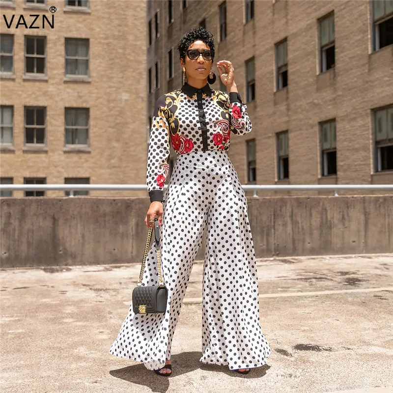 

VAZN Autumn 2019 High Quality Temperate Fashion Women Full Length Dot Loose Casual Style Lady Overalls Wide Leg Pants LO6092