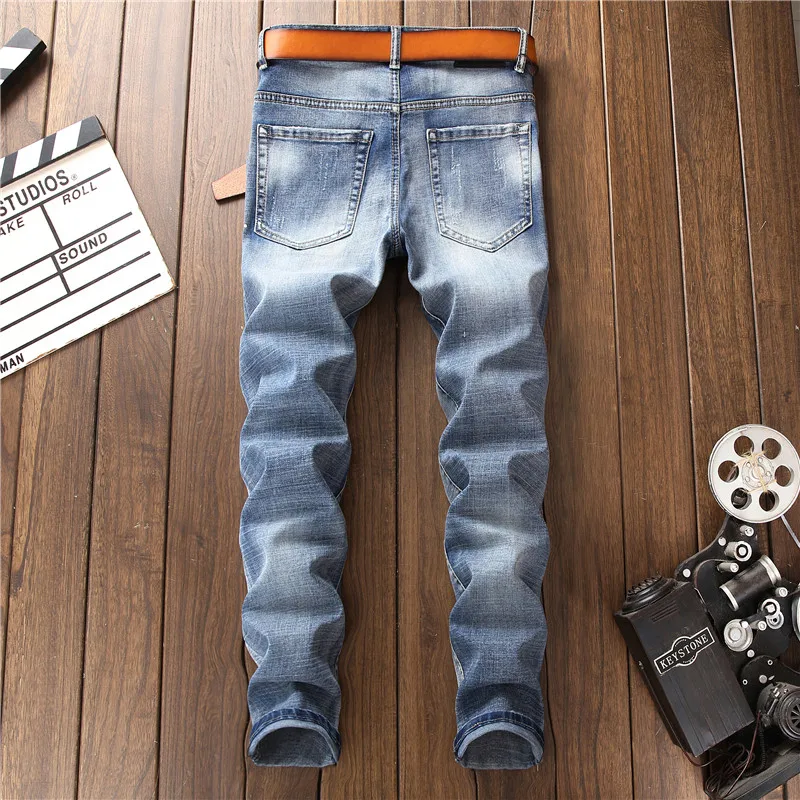 MORUANCLE новые мужские Рваные джинсы с цветочной вышивкой Slim Fit Stretch Distressed джинсовые брюки, штаны Омывается синий Размеры 29-38