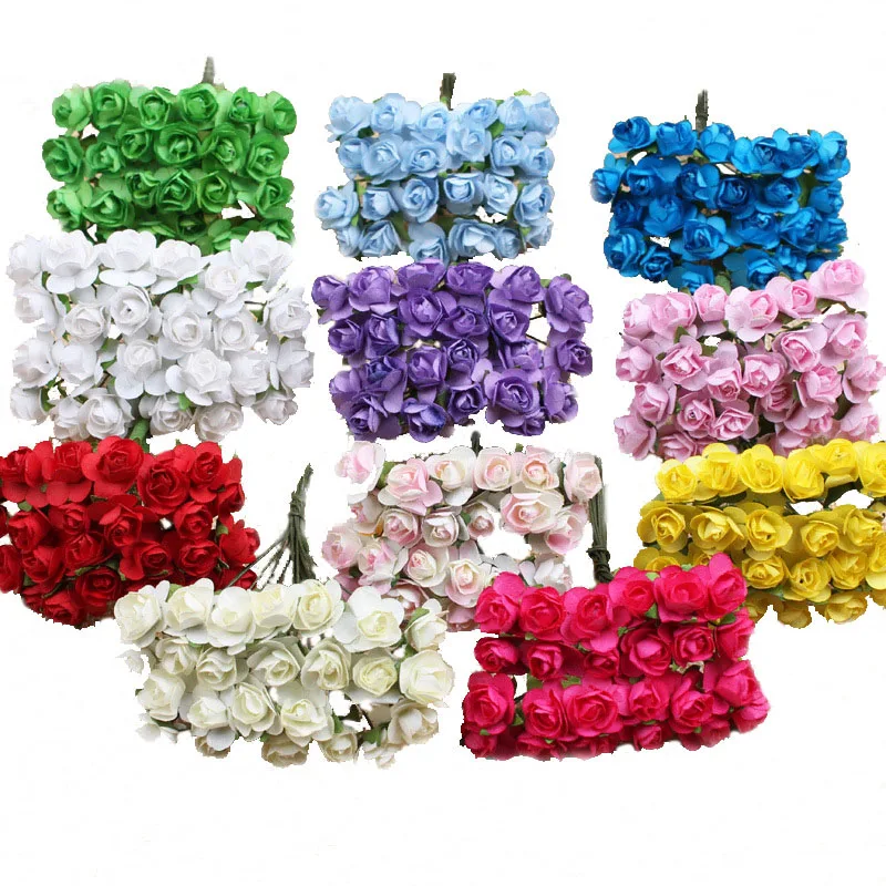 

APRICOT 12pcs/bundle 1cm Head Multicolor Artificial Paper Flowers Rose for Decorative Gift Wedding box Decoration