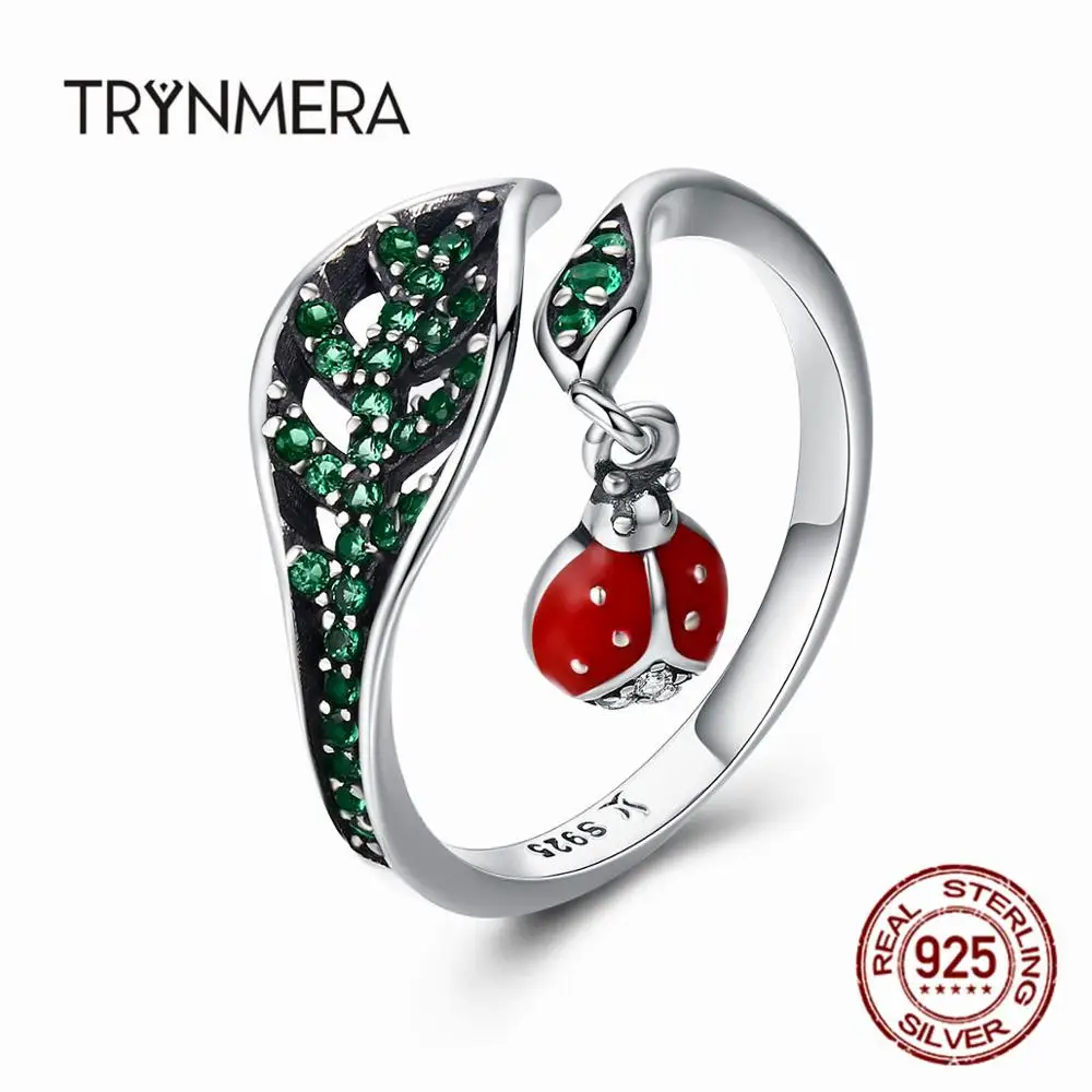 

trynmera 925 Sterling Silver Rings Ladybug Dangle in Tree Leaves Finger Rings for Women Sterling Silver Jewelry GiftTR072