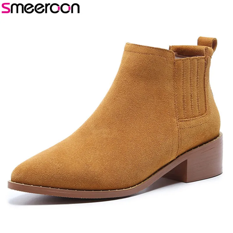 

Smeeroon cow suede leather boots med heels autumn winter boots slip on pointed toe ankle boots for women wedding shoes