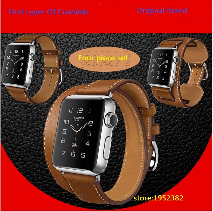 Original ICARER 4 PCS Set Extra Long Genuine Leather Watch Bands Strap For Apple Watch iWatch Double Tour Cuff Bracelet Belts