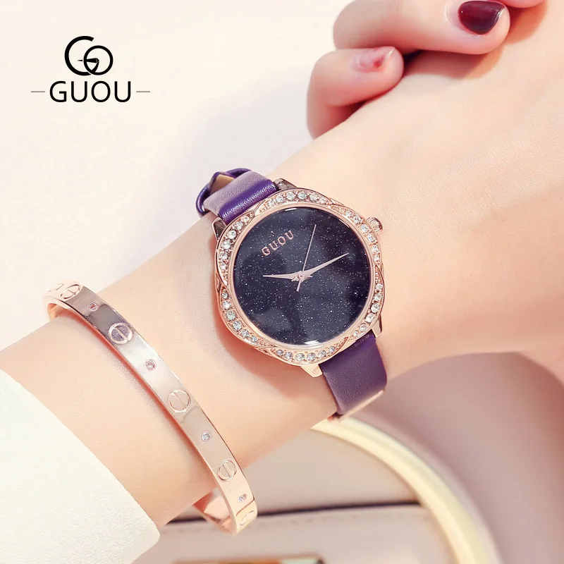 Fshion GUOU брендовые новые женские наручные часы кварцевые цветок высшего сорта Тип горный хрусталь Женские часы из натуральной кожи подарок часы - Цвет: Фиолетовый