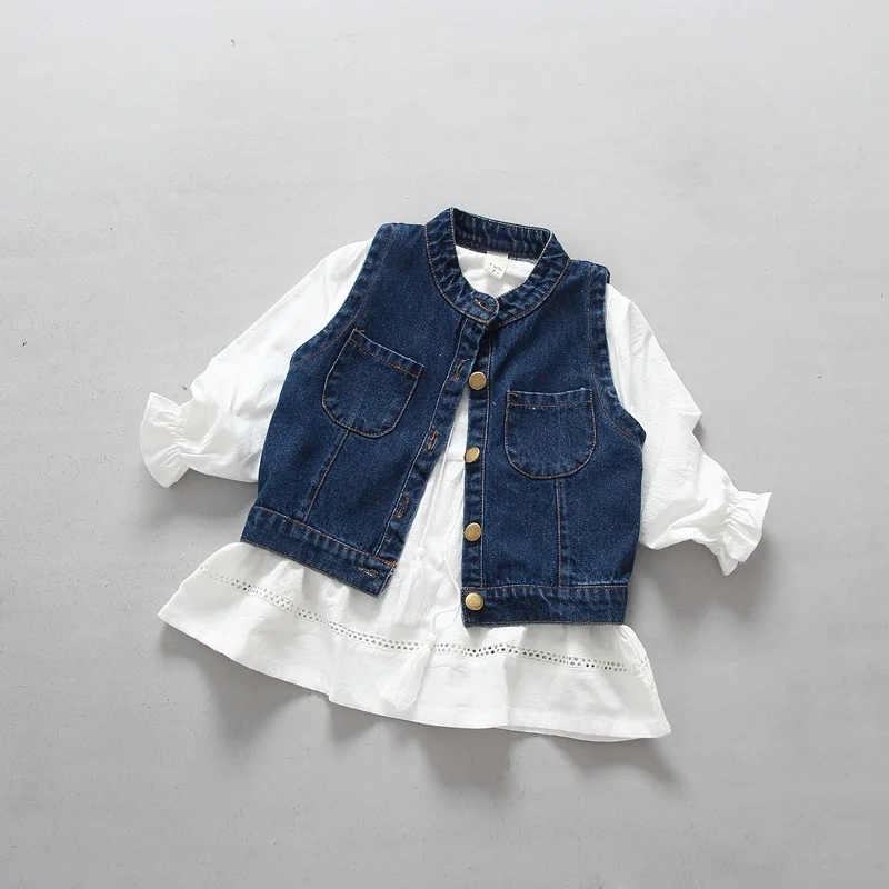 

2017 Spring New Children's Clothing A Generation Of Korean Girls Simple Color Dress + Cowboy Vest Two Sets JR088