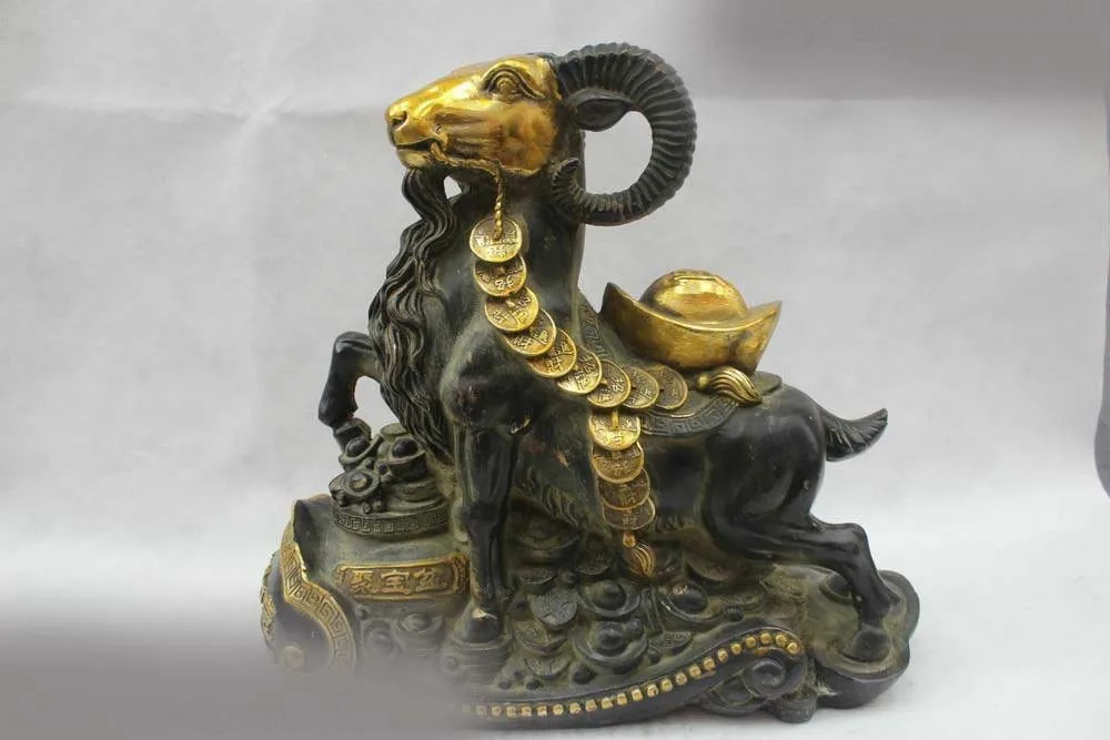 

14"Chinese Folk Pure Bronze Lucky Lifelike Money drawing Sheep Statue