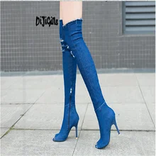 Г. Модные джинсовые высокие эластичные сапоги-трубы Сапоги выше колена с острым носком Изящные женские сапоги на высоком каблуке